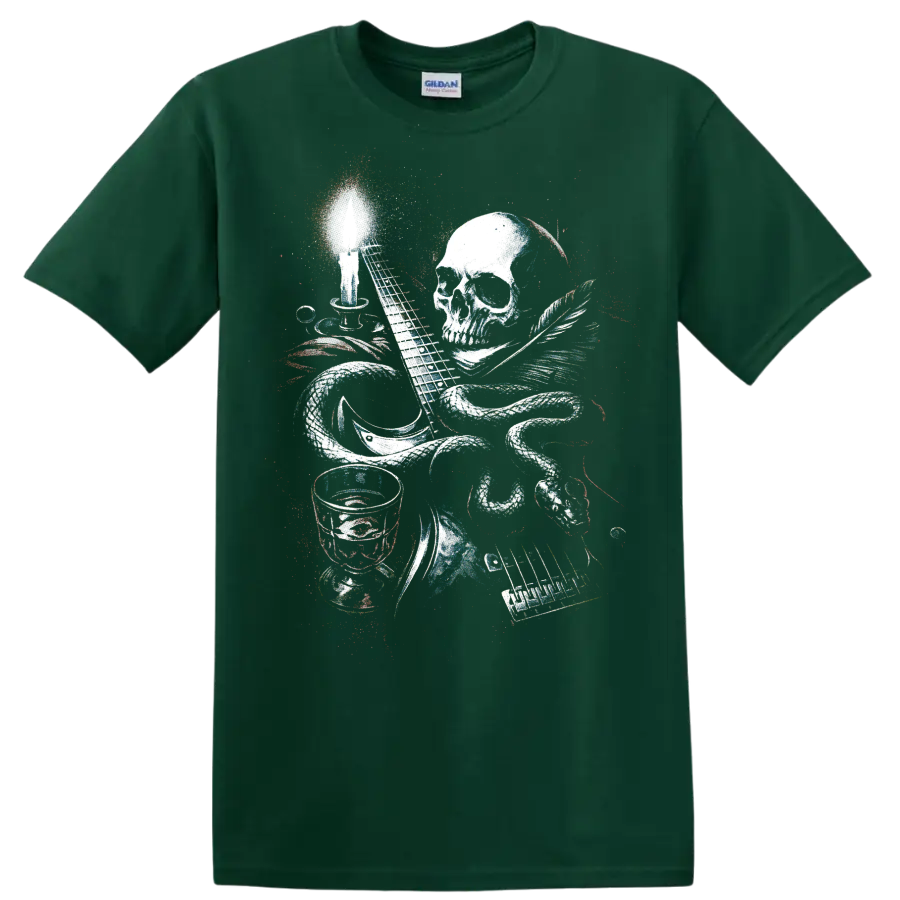 Colorful skull music graphic with guitar, drums, keyboard, and microphone on a Forest Green T Shirt