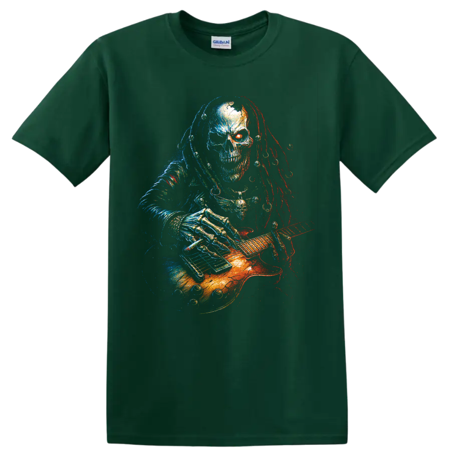 Gothic skull guitarist playing an electric guitar in neon distressed art on a Forest Green T Shirt