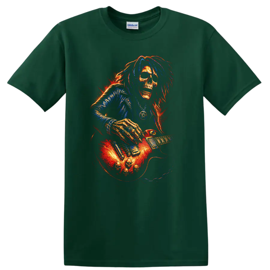 Fiery gothic skull guitarist playing electric guitar graphic on a Forest Green T Shirt
