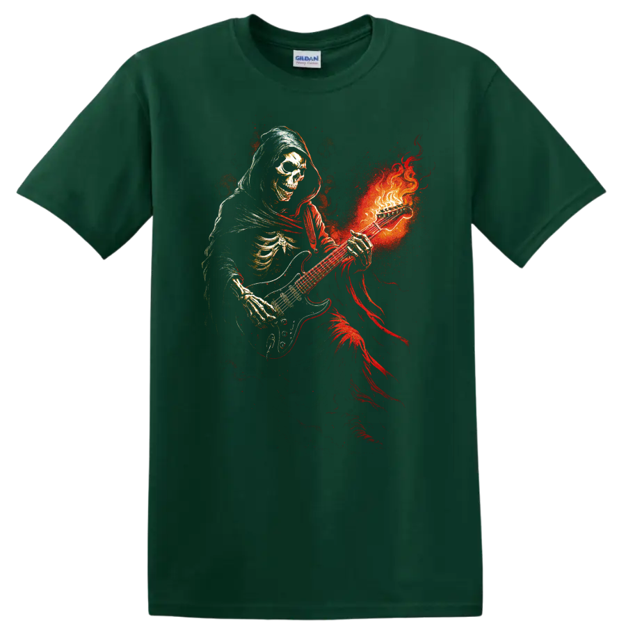 Hooded skull guitarist with fiery red and orange gothic artwork on a Forest Green T Shirt