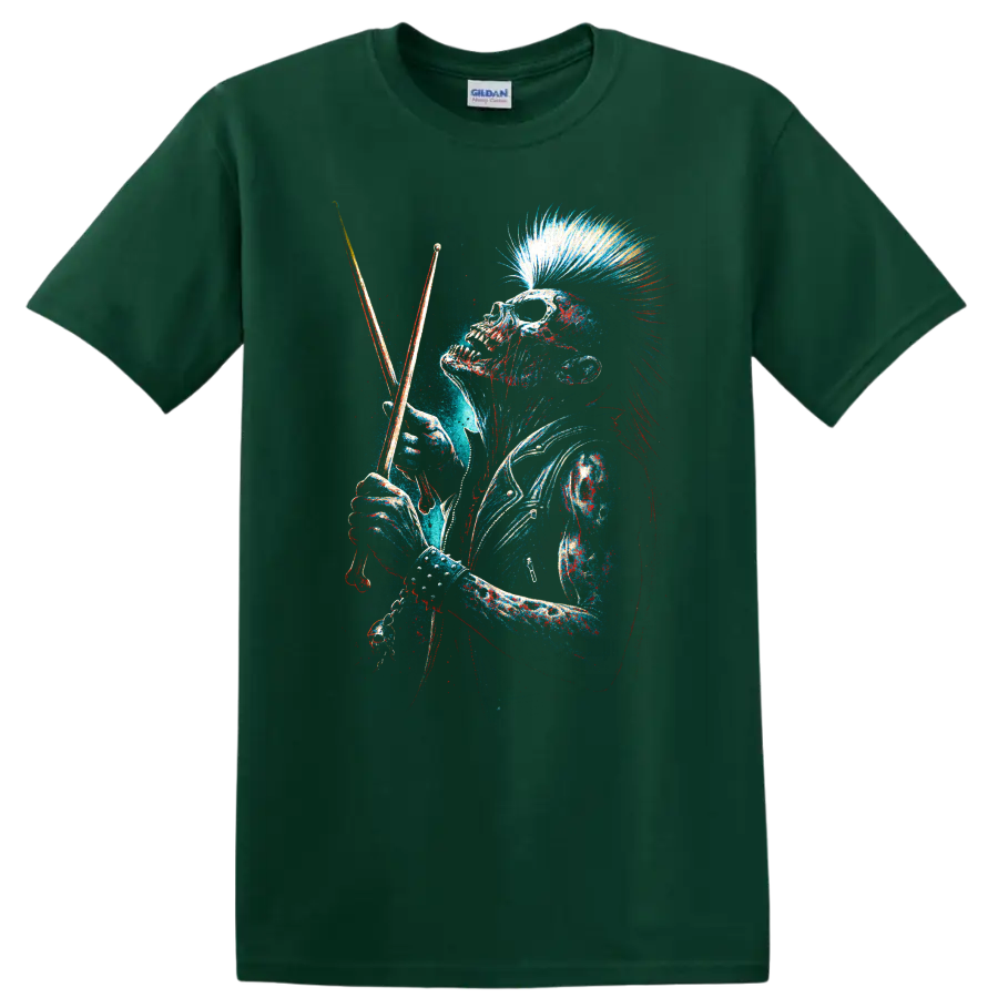Punk rock skull drummer with mohawk holding drumsticks, distressed graphic art on a Forest Green T Shirt