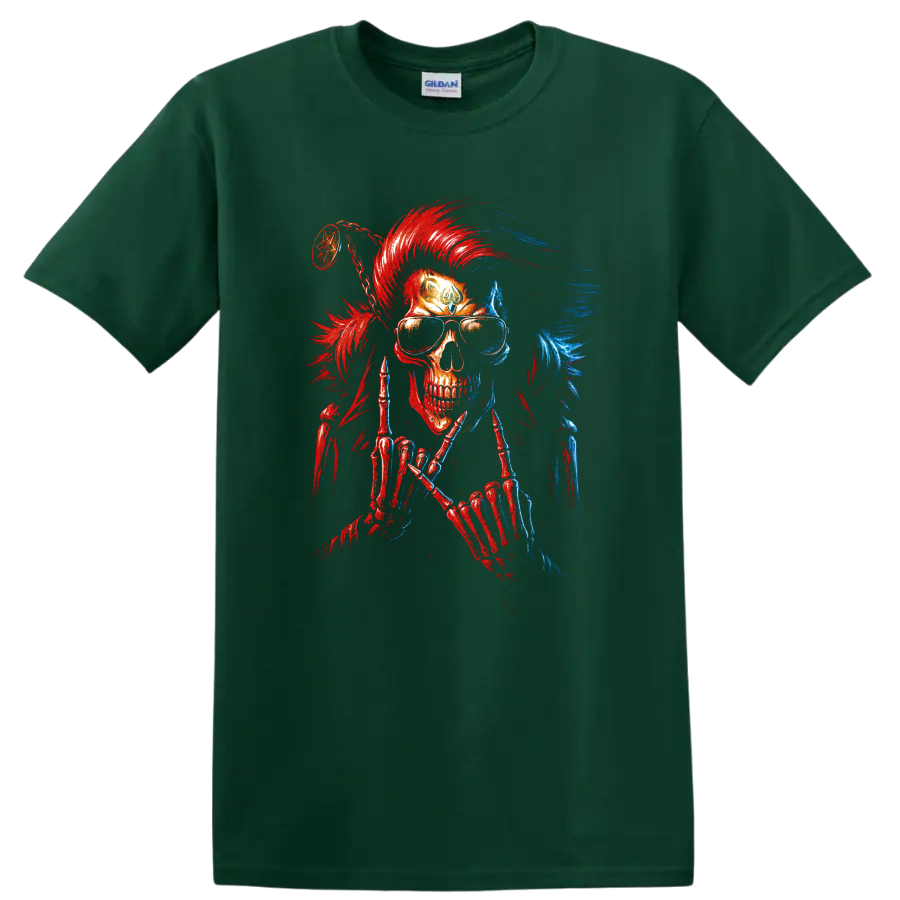 Gothic skull warrior with red and blue mohawk, sunglasses, and skeletal hands on a Forest Green T Shirt