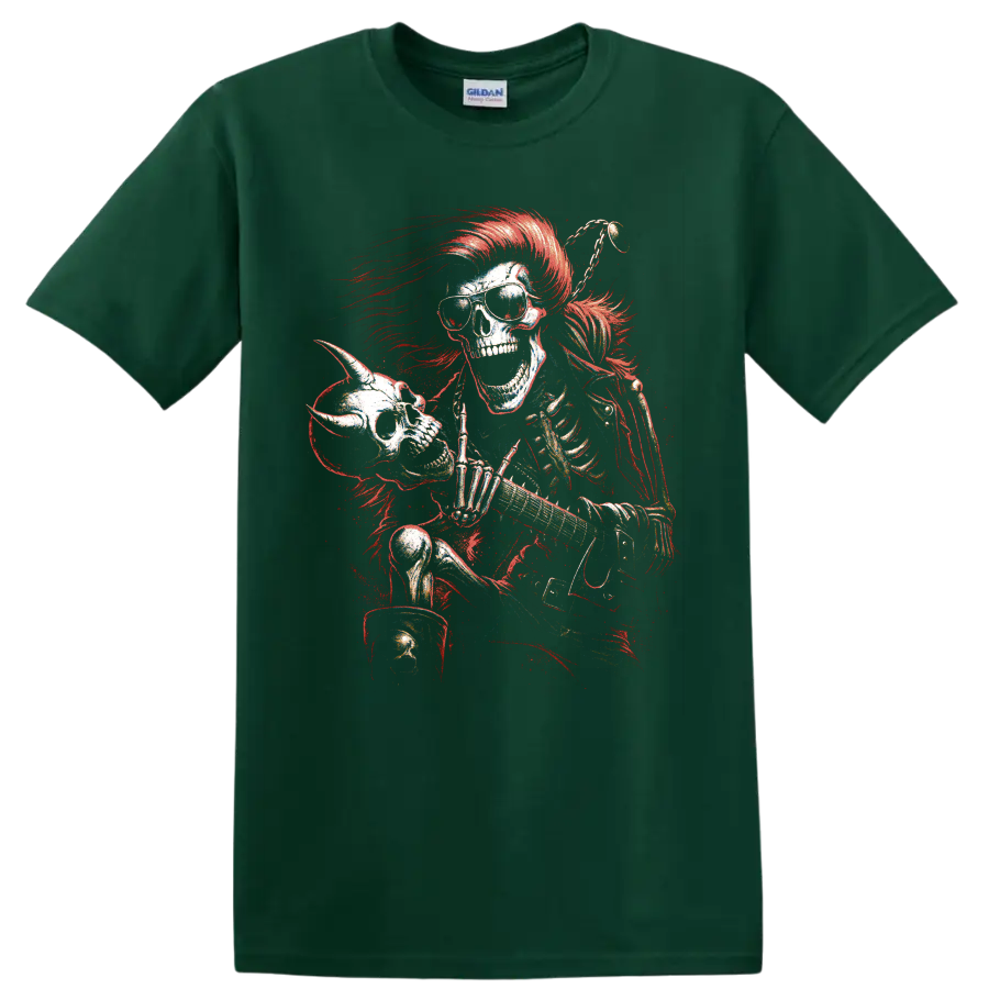 Gothic skeleton guitarist with sunglasses, red mohawk, and electric guitar on a Forest Green T Shirt