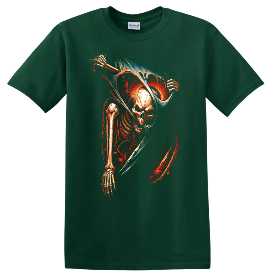 Skull reaper with hooded skeletal figure in vivid gothic horror art on a Forest Green T Shirt