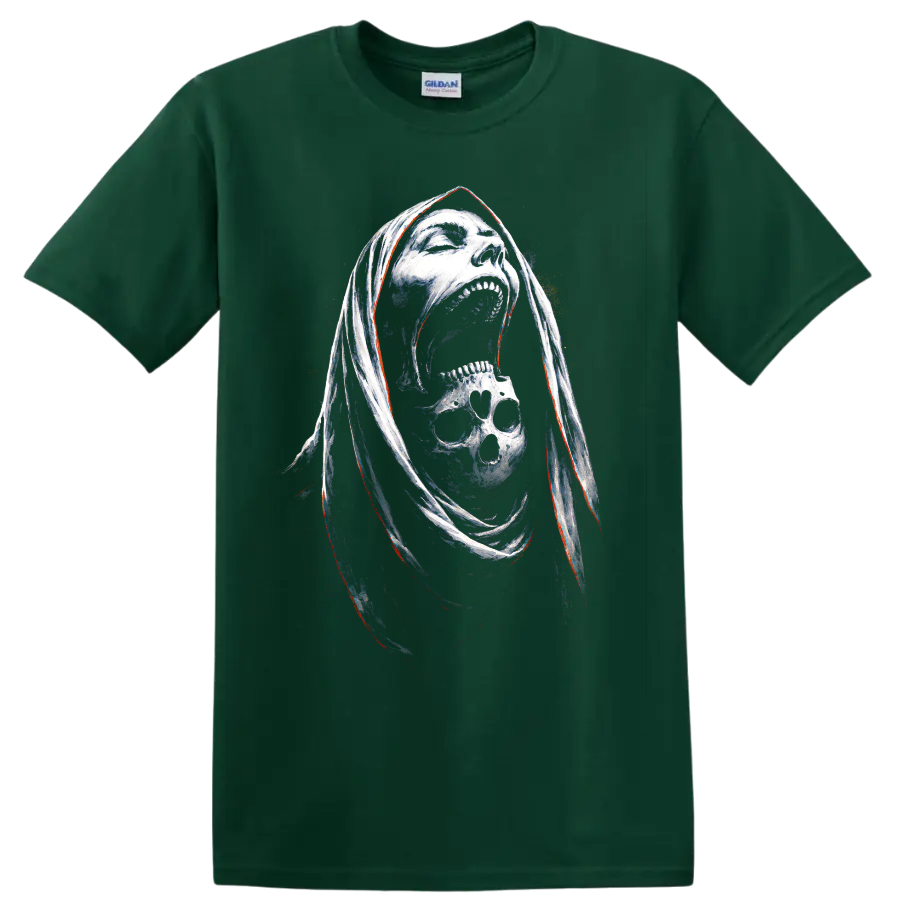 Hooded reaper skull graphic with screaming face and smaller skull on a Forest Green T Shirt