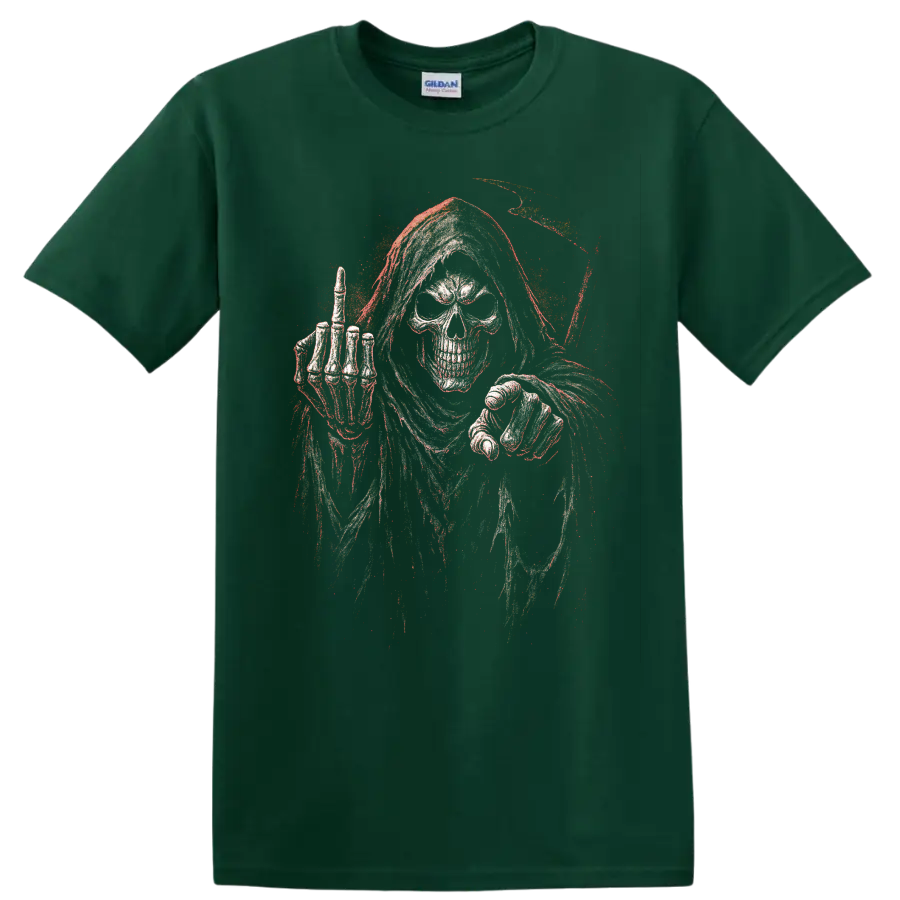 Distressed grim reaper skull gothic horror skeleton graphic on a Forest Green T Shirt