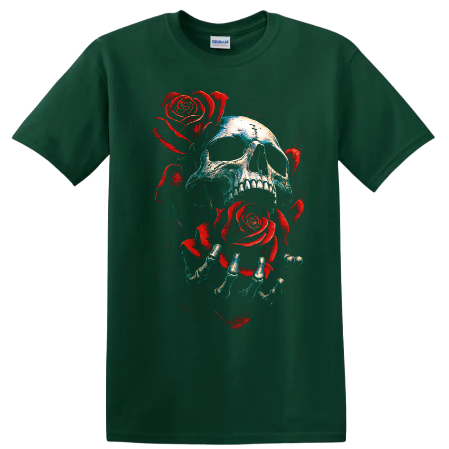 Gothic skull with red roses and skeletal hands distressed graphic on a Forest Green T Shirt