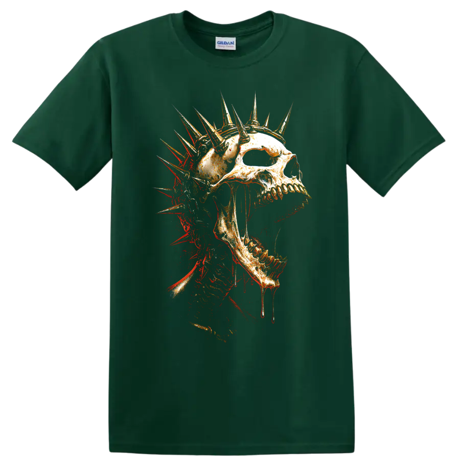 Spiked crown skull graphic in distressed gothic horror style on a Forest Green T Shirt