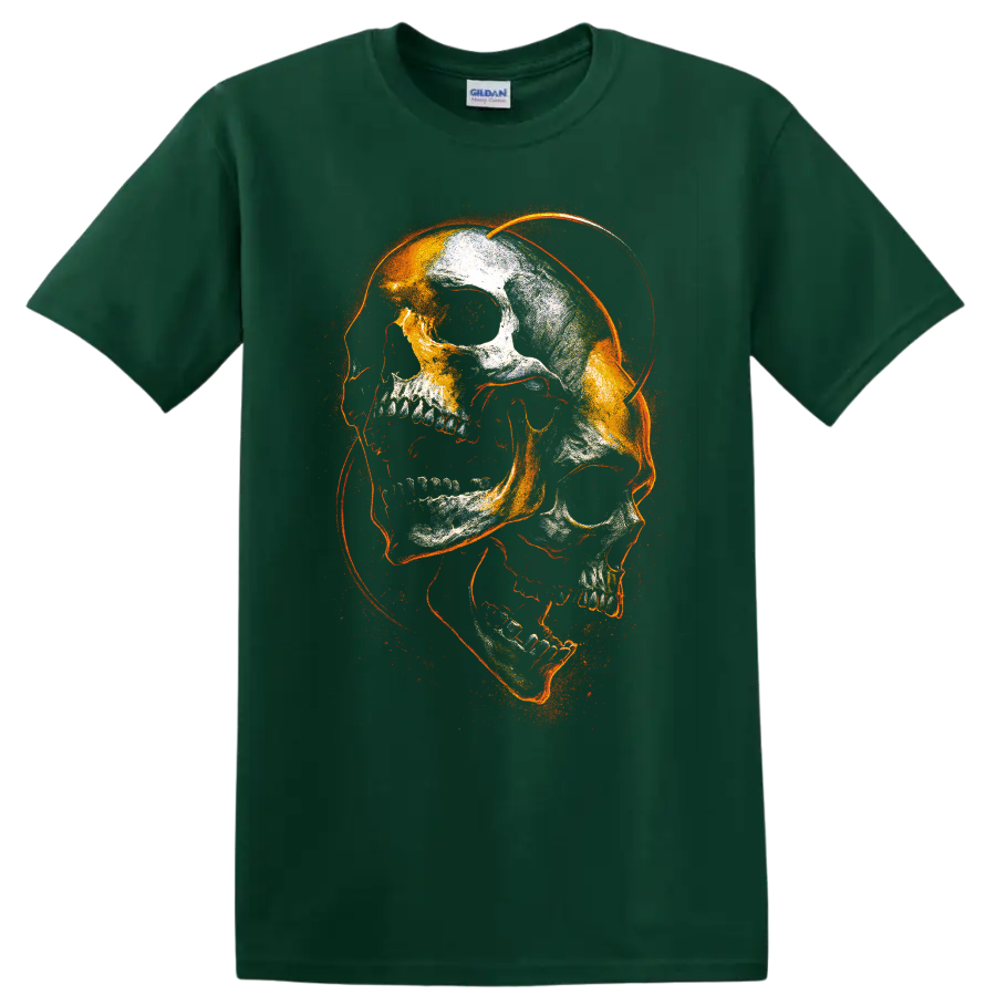 Fiery distressed gothic skull skeleton graphic with orange sparks on a Forest Green T Shirt