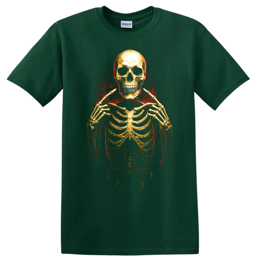 Golden skeleton skull graphic with red grunge horror styling on a Forest Green T Shirt