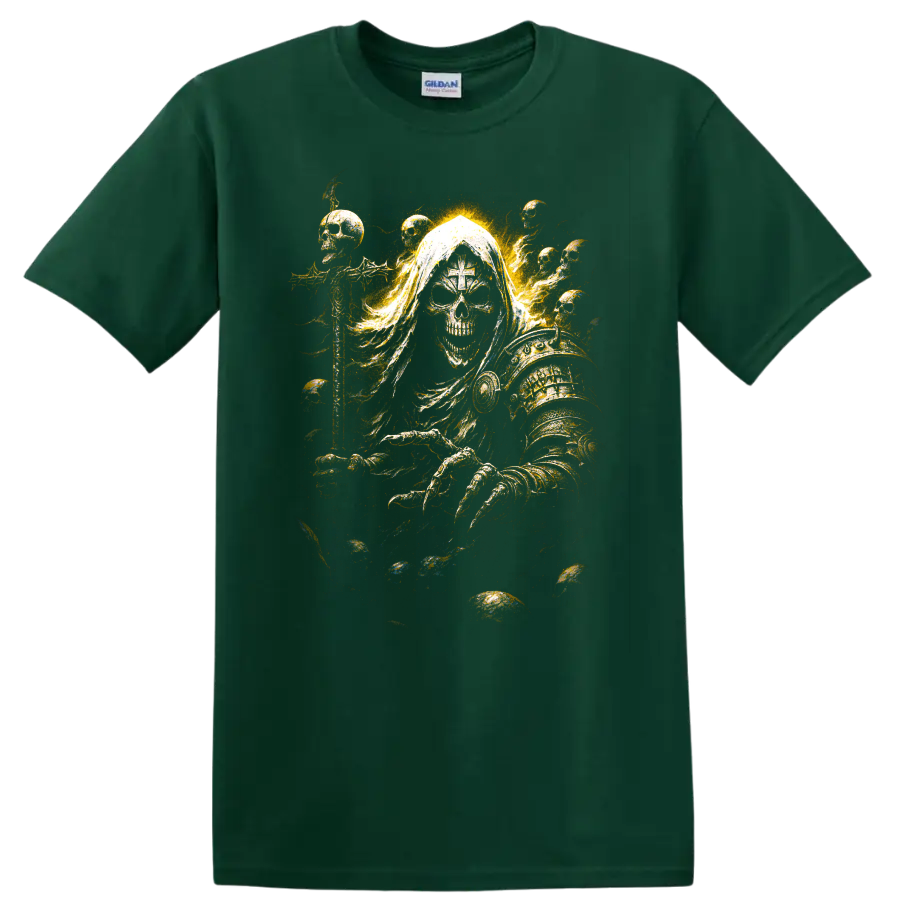 Hooded skull reaper in ornate golden armor with ghostly smoke on a Forest Green T Shirt