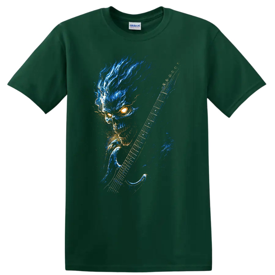 Blue flame skull with electric guitar gothic rock graphic on a Forest Green T Shirt