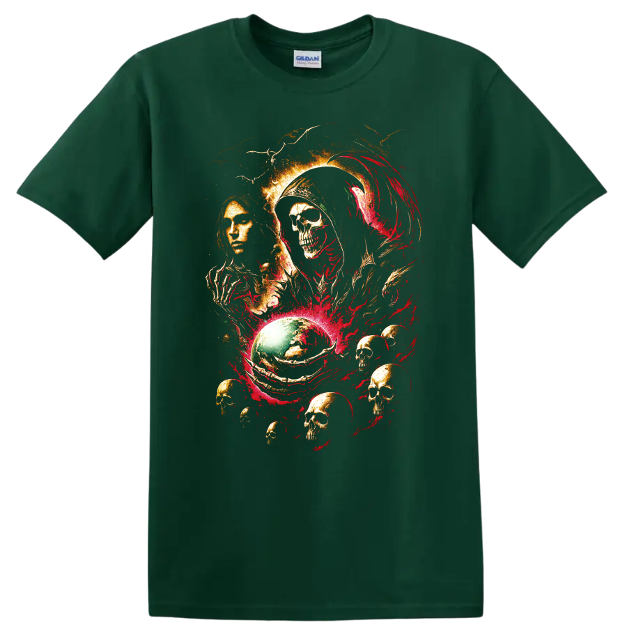 Gothic reaper skull and raven horror art with red and gold details on a Forest Green T Shirt