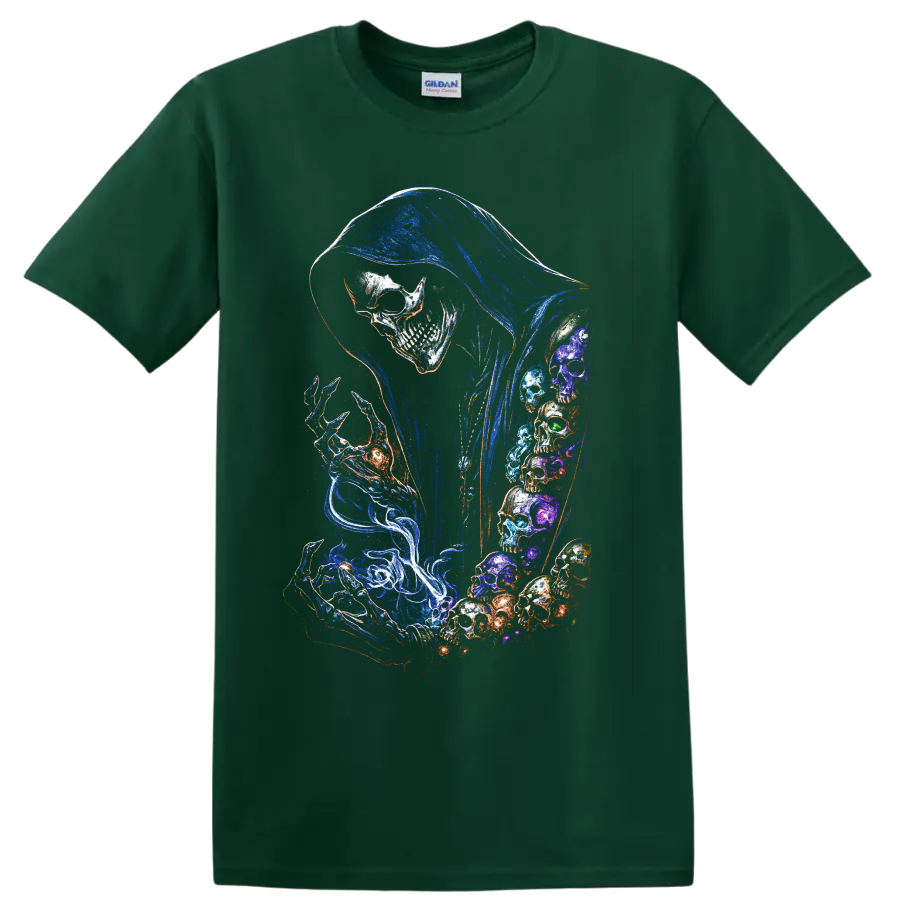 Hooded skull reaper graphic with neon blue hood and swirling colorful skull art on a Forest Green T Shirt