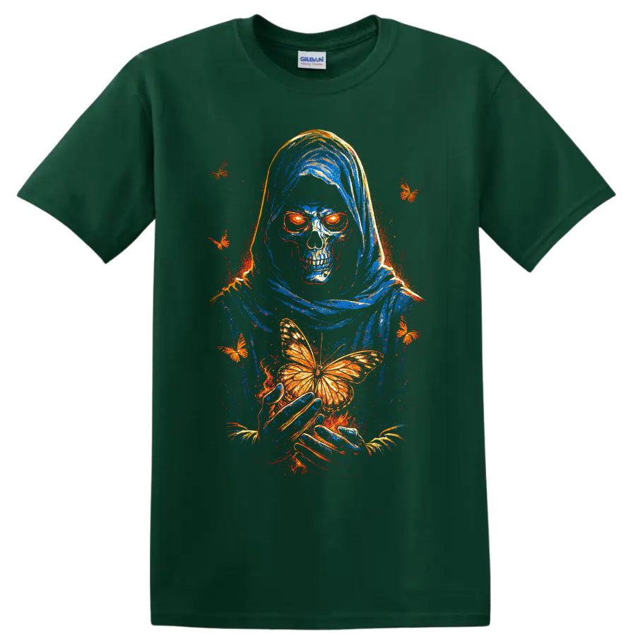 Hooded skeleton skull holding an orange butterfly, gothic distressed art on a Forest Green T Shirt