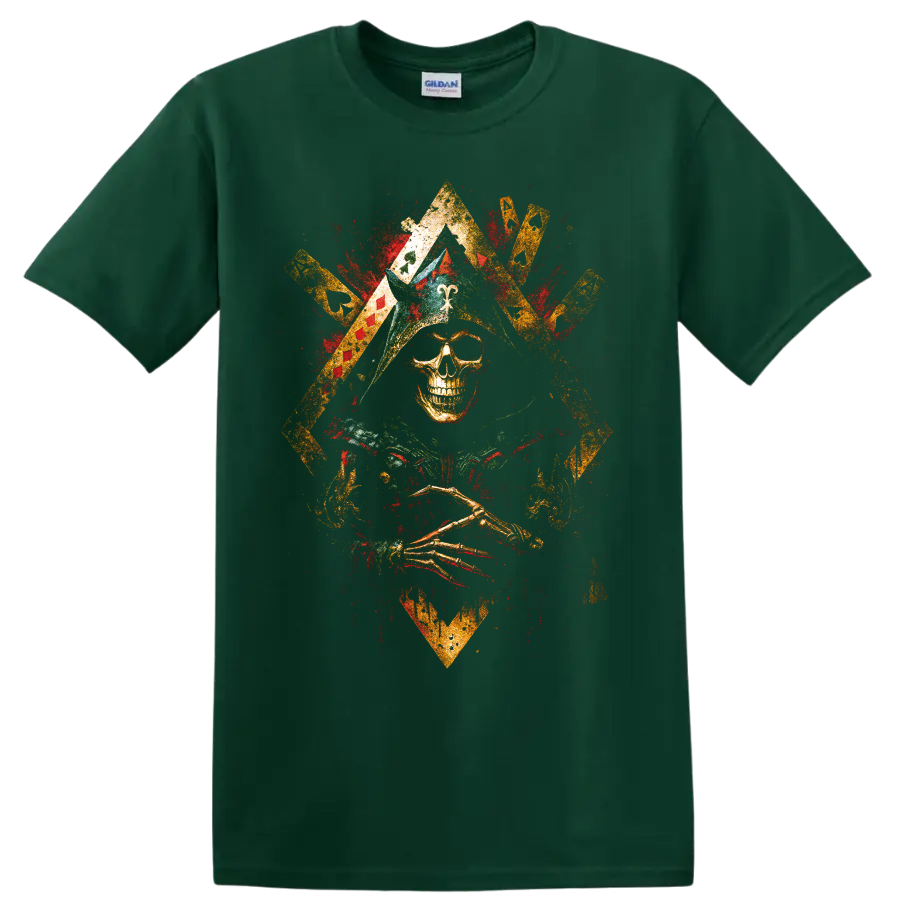 Distressed gothic skull graphic with crossed golden elements and red accents on a Forest Green T Shirt