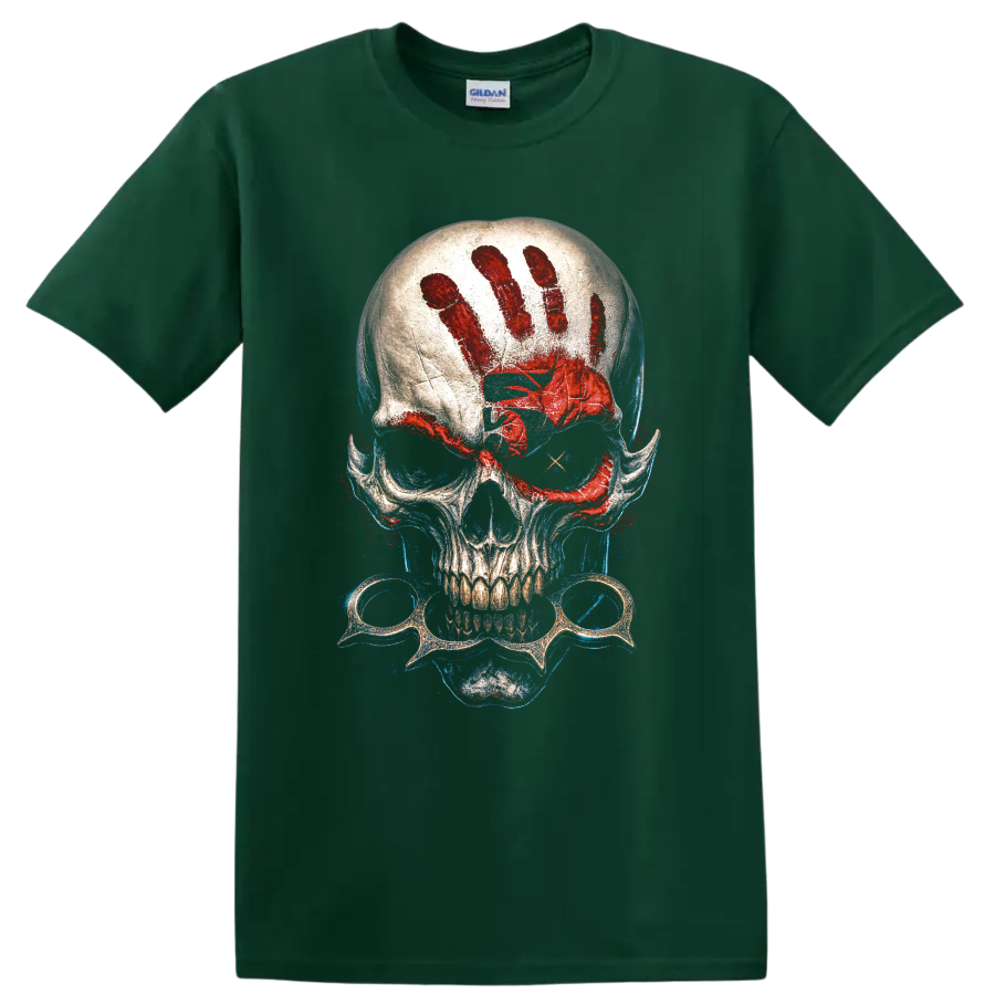 Gothic skull graphic with red handprint, spectacles, and blue splatter on a Forest Green T Shirt