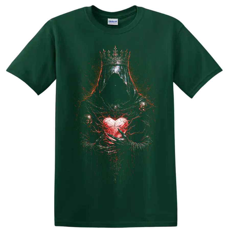 Crowned hooded skull with red heart gothic horror graphic on a Forest Green T Shirt