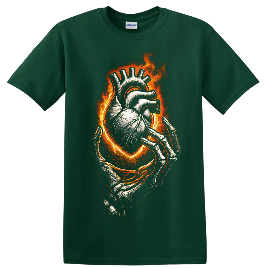 Flaming anatomical heart held by skeletal hands with gothic horror artwork on a Forest Green T Shirt