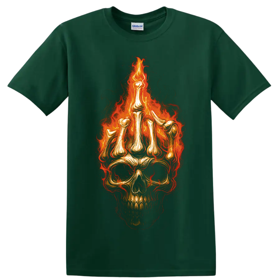 Flaming skull graphic with glowing gothic fire and distressed dark art on a Forest Green T Shirt