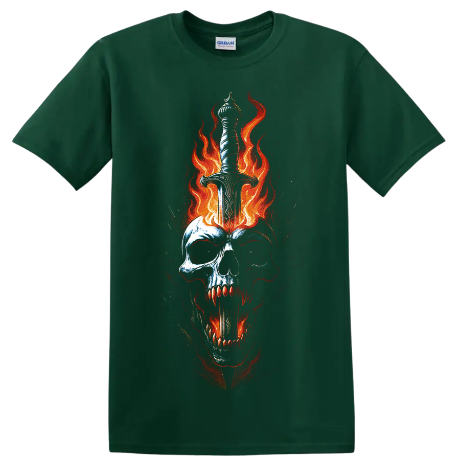 Fiery skull pierced by a dagger with red-orange flames, gothic horror art on a Forest Green T Shirt
