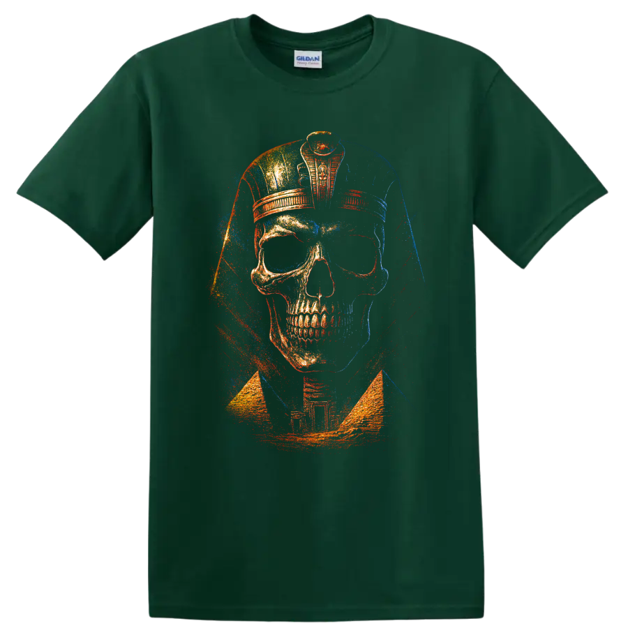 Distressed skull police officer cap graphic with red, blue, and gold artwork on a Forest Green T Shirt