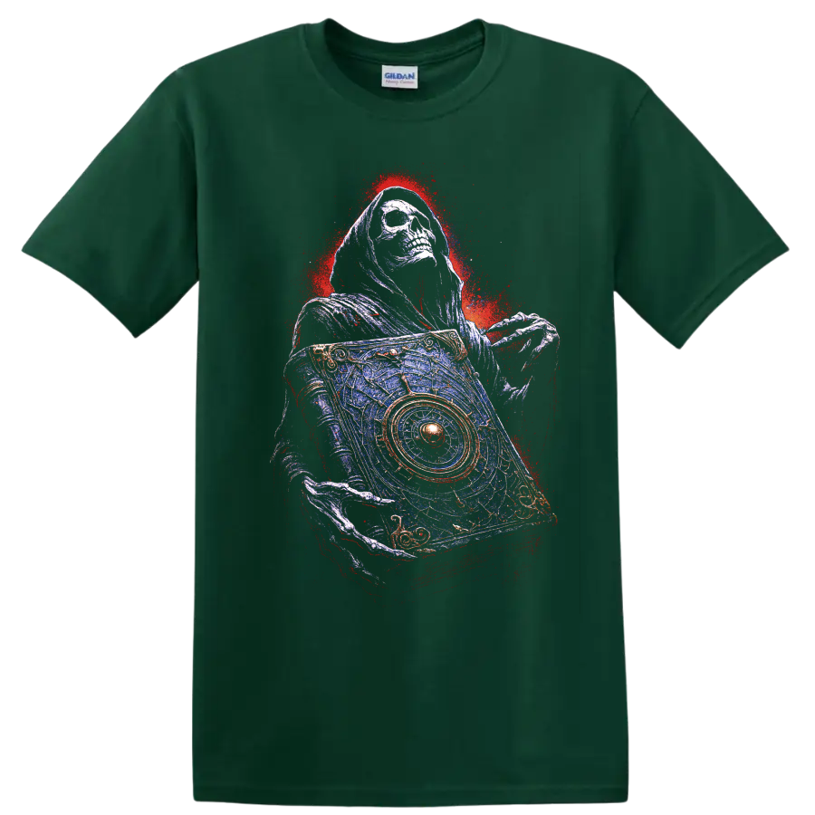 Hooded skull holding an ornate occult card in distressed gothic art style on a Forest Green T Shirt