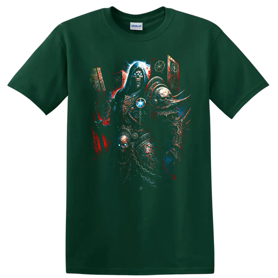 Hooded skull reaper gothic fantasy horror graphic print on a Forest Green T Shirt