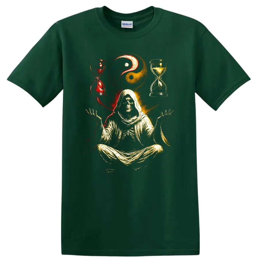 Hooded skull reaper meditating with yin yang and red-gold hourglasses on a Forest Green T Shirt