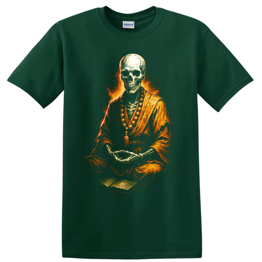 Fiery meditating skull skeleton in orange robes with prayer beads on a Forest Green T Shirt