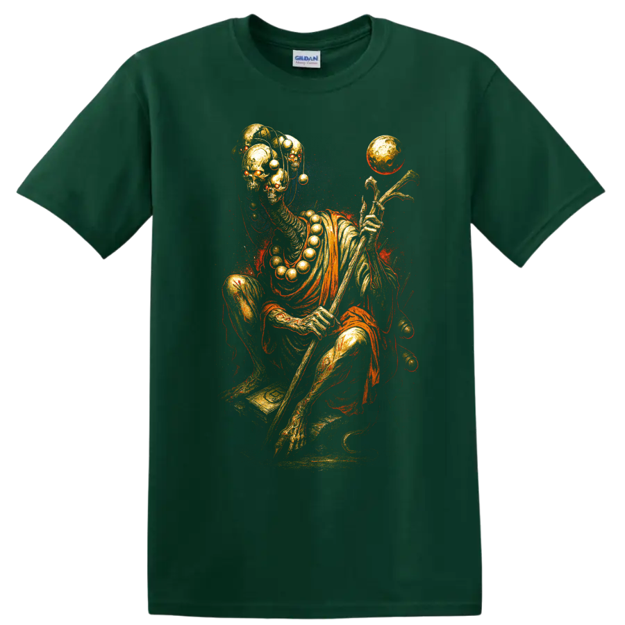 Golden skeleton skull with floating orb, surreal gothic graphic art on a Forest Green T Shirt