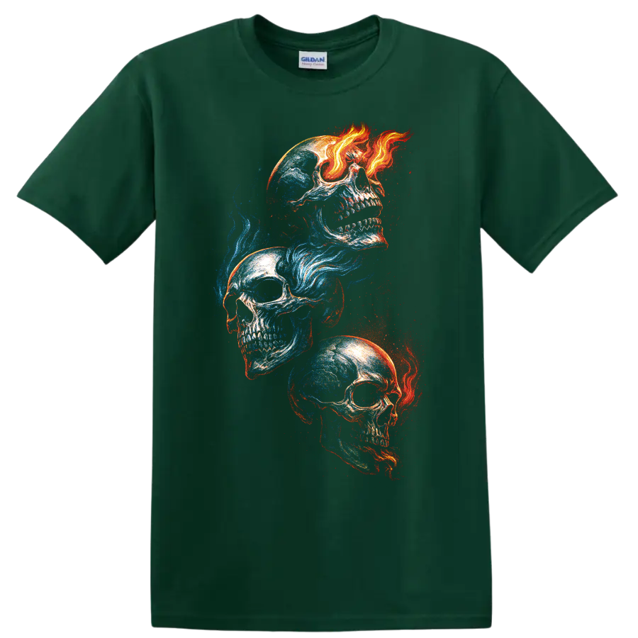 Three skulls in blue and red fire-and-ice gothic graphic art on a Forest Green T Shirt