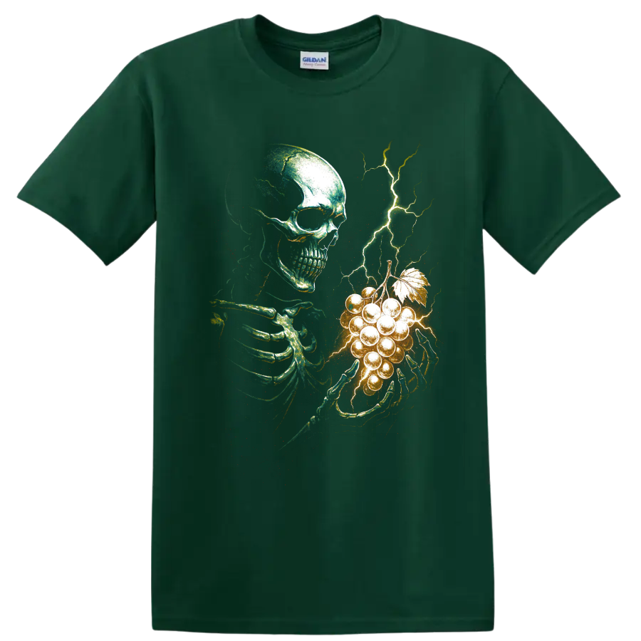 Gothic skeleton holding glowing grapes with branching lightning on a Forest Green T Shirt