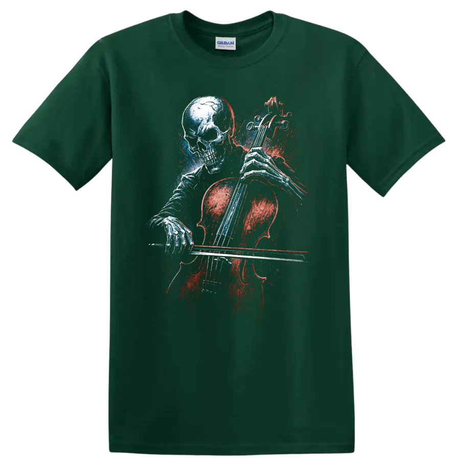 Gothic skull playing cello in distressed red and blue graphic art on a Forest Green T Shirt