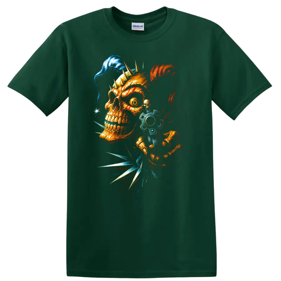 Punk skull with spikes and blue gear gothic horror graphic art on a Forest Green T Shirt