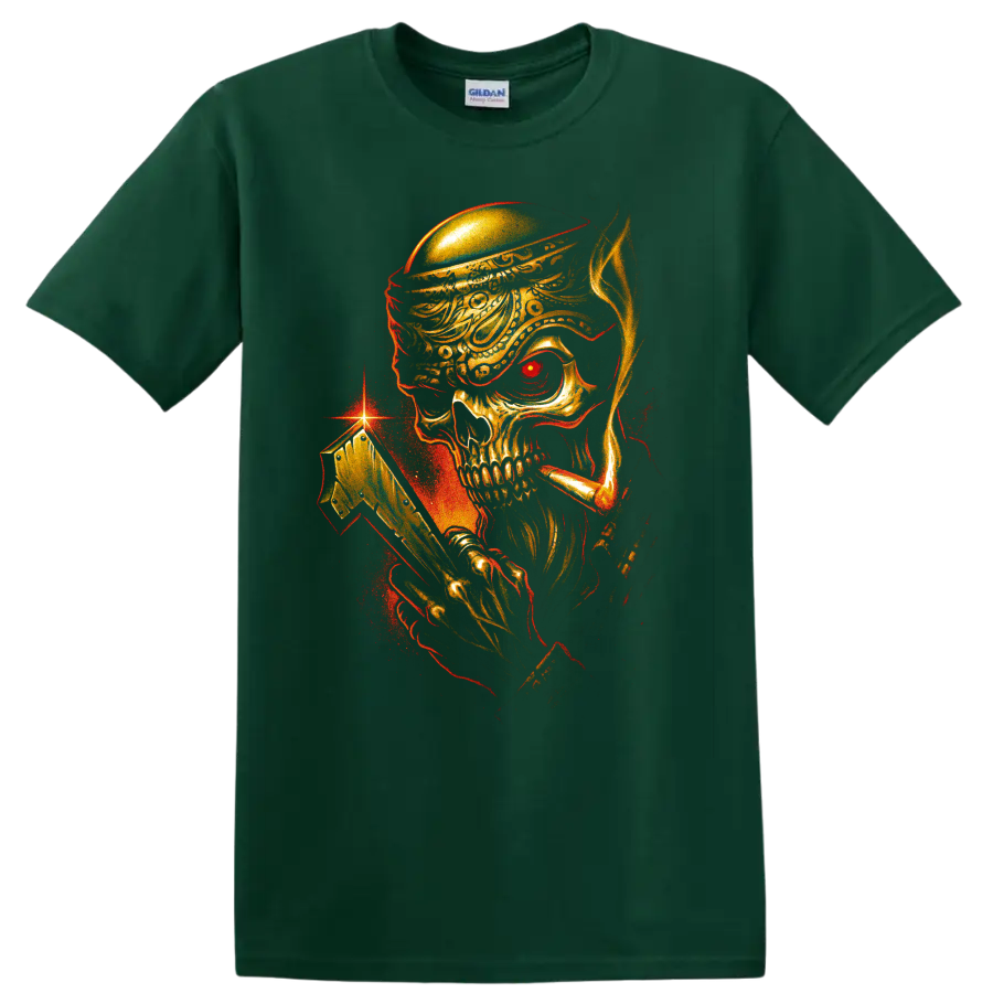 Pirate skull with ornate hat and golden cutlass gothic graphic on a Forest Green T Shirt