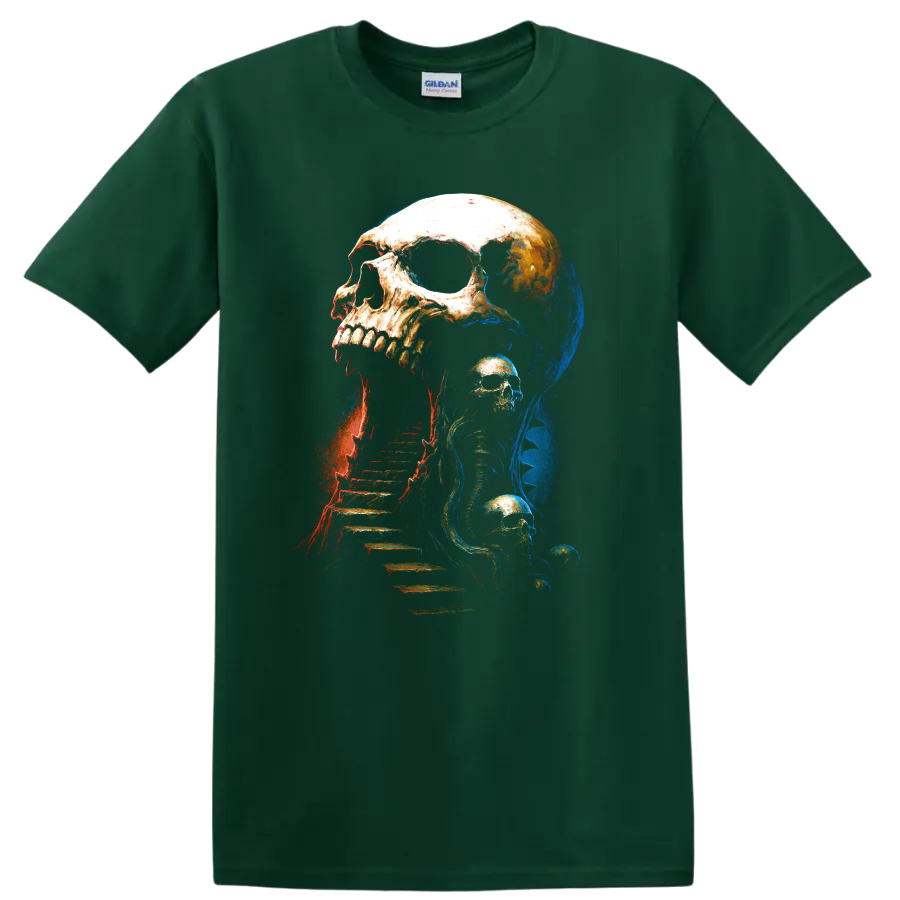 Gothic skull and skeleton staircase horror graphic art on a Forest Green T Shirt
