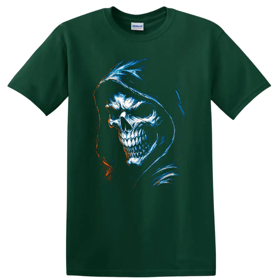 Hooded skull gothic horror graphic art with blue, white, and orange accents on a Forest Green T Shirt