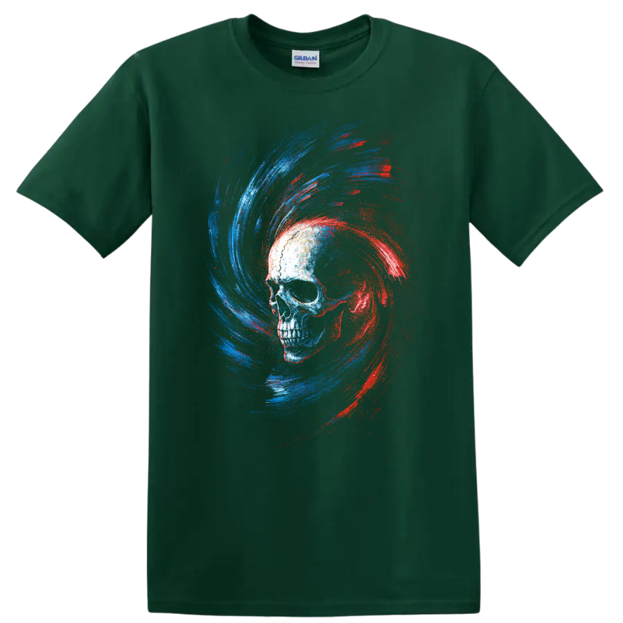 Gothic skull graphic with red and blue swirling brushstrokes on a Forest Green T Shirt
