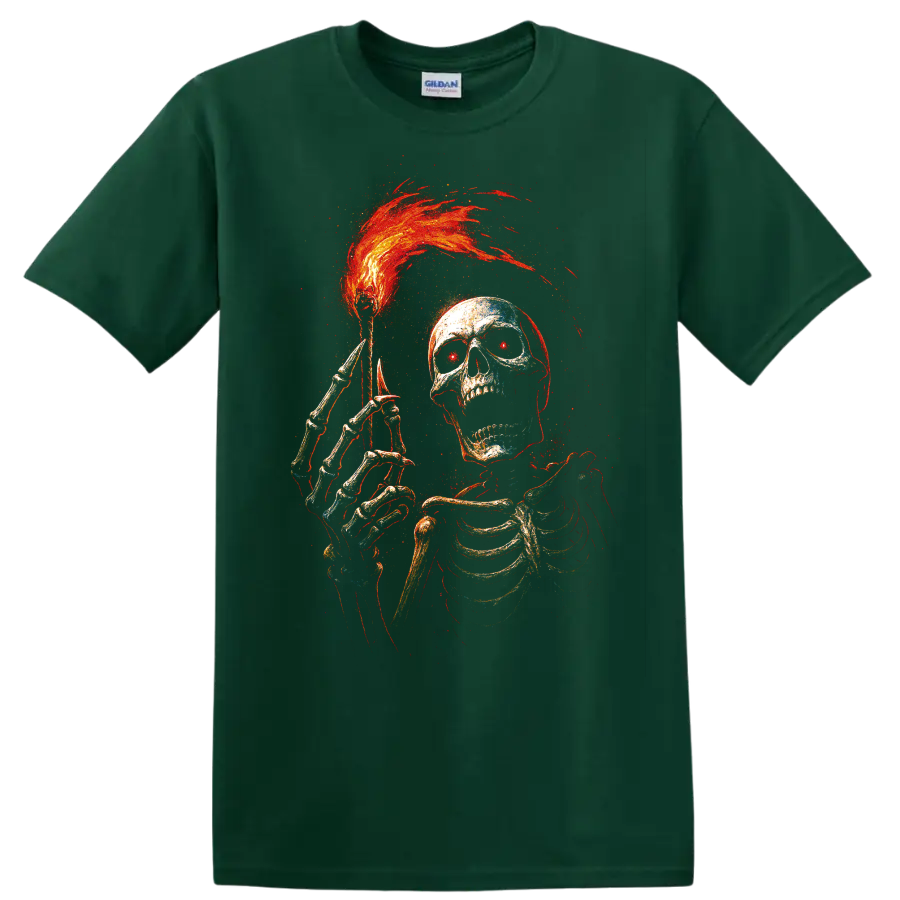 Flaming skull and skeleton gothic horror graphic with red and orange flames on a Forest Green T Shirt