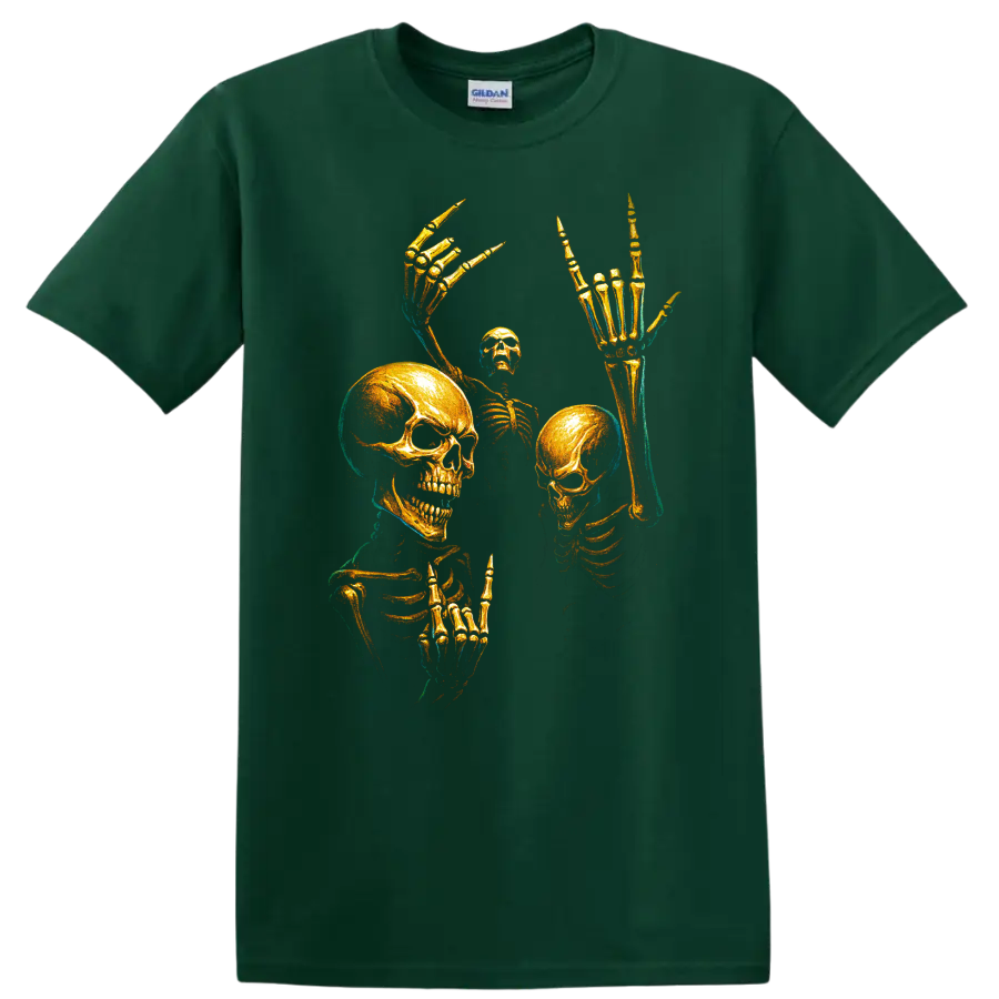 Gold skull skeleton gothic horror graphic with raised bony hands on a Forest Green T Shirt