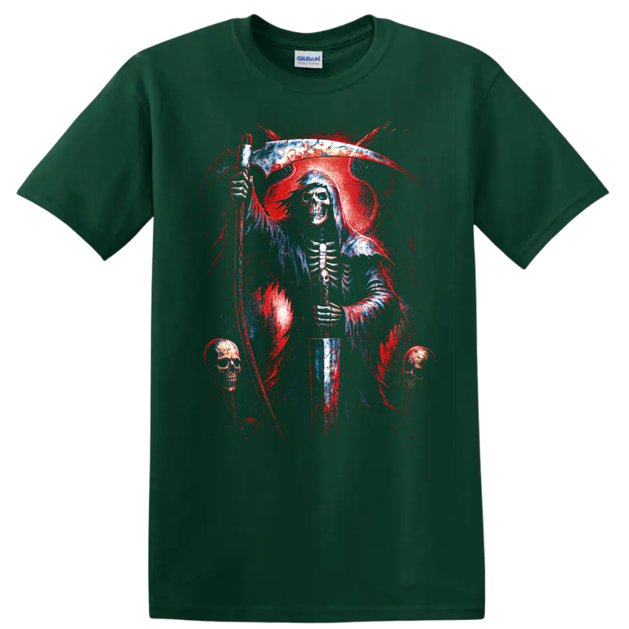 Grim reaper skull holding a scythe in distressed gothic horror art on a Forest Green T Shirt