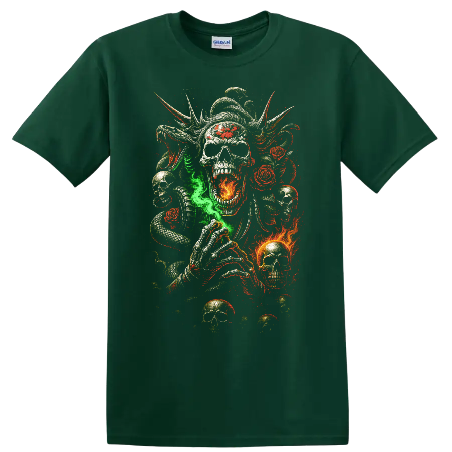 Gothic skull with snakes, roses, flames, and skeletal hand graphic on a Forest Green T Shirt