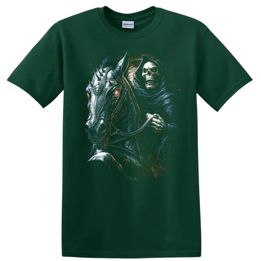 Colorful gothic skull horse and grim reaper fantasy illustration on a Forest Green T Shirt