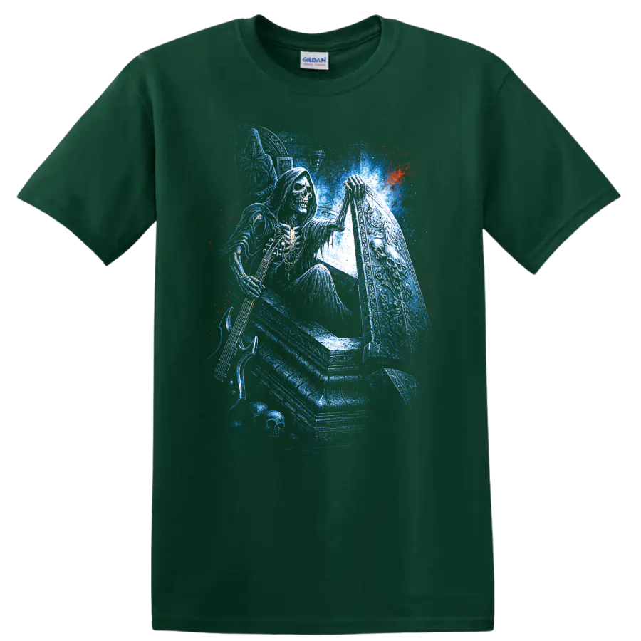 Hooded skull grim reaper beside a coffin in distressed blue gothic art on a Forest Green T Shirt