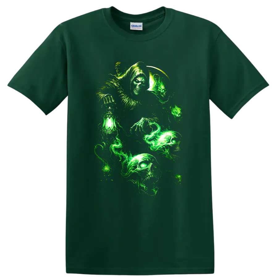 Glowing green gothic skulls with a hooded figure and lantern on a Forest Green T Shirt
