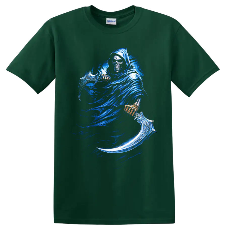 Hooded Grim Reaper skull with ornate blue scythe gothic graphic on a Forest Green T Shirt