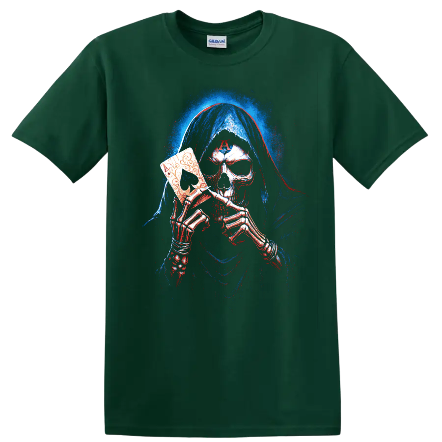 Hooded skeleton holding an ornate death mask, gothic horror graphic on a Forest Green T Shirt