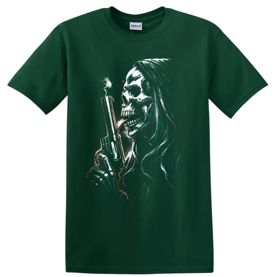Long-haired skull holding a handgun in distressed glitch gothic art on a Forest Green T Shirt