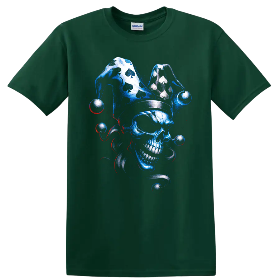 Blue skull jester with playing-card symbols and gothic swirling accents on a Forest Green T Shirt
